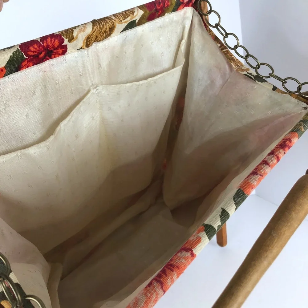VTG Floral Tapestry Folding Knitting Yarn Basket Wooden Magazine Rack MCM Red EC